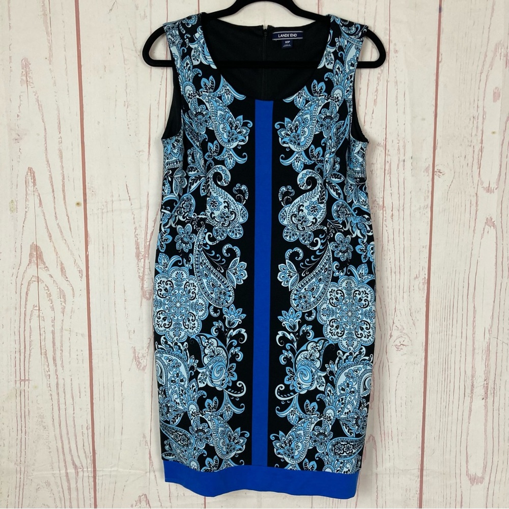 Lands’ End Size 10P Paisley Printed Dress Stretch Sleeveless Knee Length Blue